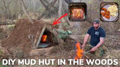 Solo Overnight Building a DIY Mud Hut with Fireplace in The Woods and Fried Chicken Gizzards