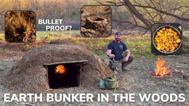 Solo Overnight Building an Underground Earth Bunker in The Woods and Cheesy Ribeye Skillet