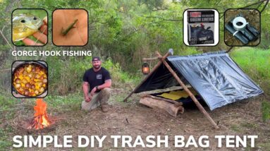 Solo Overnight Building a DIY Trash Bag Tent and Raised Bed in The Woods and Lil Smokie Hobo Skillet