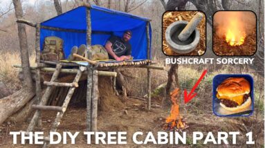 Solo Overnight Building a DIY Tree Cabin in The Rain and Bison Cheeseburgers