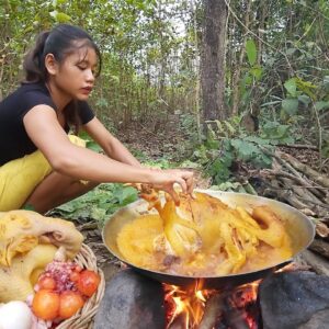 Chicken curry spicy delicious with egg for dinner - Survival Cooking in jungle