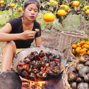 Snails curry delicious and Wild oranges Delicious food in jungle - Survival cooking