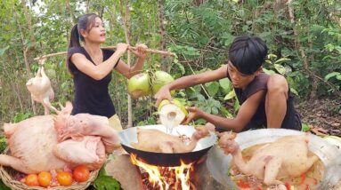 Survival cooking in forest: Chicken soup with Coconut water for food, Eat with younger brother