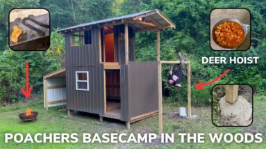 Solo Overnight Building a Poachers Basecamp with a Deer Hoist in The Woods and Lasagna