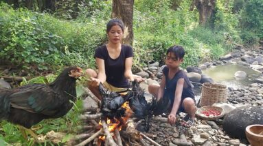 Survival in the rainforest: Catch and cook chicken for food, Chicken spicy burned Eating delicious