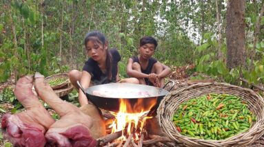 Special Pork legs soup spices recipe with green chili and eating for lunch in forest