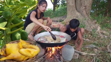 Yummy! Chicken soup spicy delicious with papaya for dinner, Survival cooking in forest