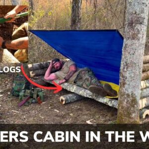 Solo Overnight Building a Trappers Cabin from The Landscape and Turkey Dinner