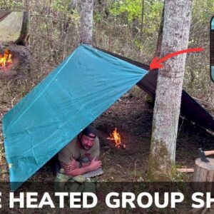 Solo Overnight Building a Simple Heated Group Shelter in the Woods and Campfire Ribeye Steak