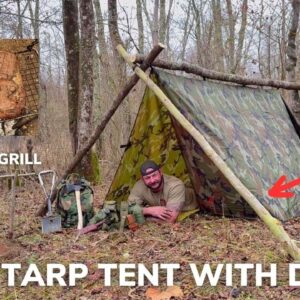 Solo Overnight Building a Waterproof Tarp Tent with Closing Doors in the Rain and Ribeye Steaks
