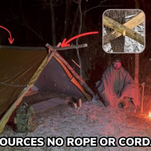 Solo Overnight Building a Shelter without Using Any Cordage in The Snow and Breakfast for Dinner