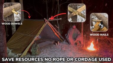 Solo Overnight Building a Shelter without Using Any Cordage in The Snow and Breakfast for Dinner