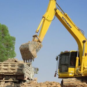 Komatsu pc 130 Excavator Loading Mercedes And MAN Trucks - In Canal