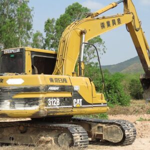 Land Trucks & Caterpillar 312B Excavator Loading In Rice Field - Farming Job