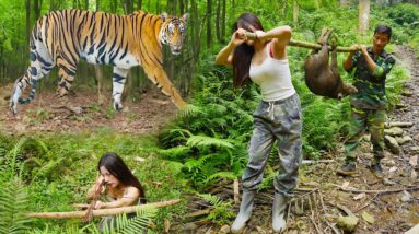 3 Day Survival In The Forestrain - Building a treehouse - Fishing and trapping wild boars - Ep2