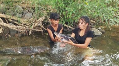 Catch and cook Big fish for food in jungle - Fish roasted with Chili sauce for dinner