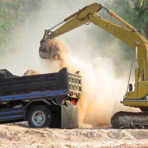 Power Tools! Caterpillar 311B Excavator Working In Dry Season And Land Trucks