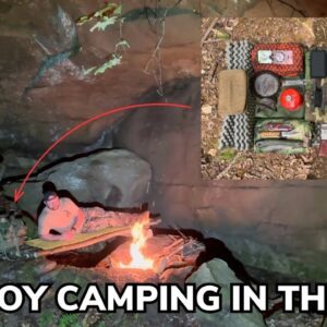Solo Overnight Cowboy Camping Under a Rocky Overhang During a Rainstorm and Campfire Ravioli