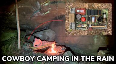Solo Overnight Cowboy Camping Under a Rocky Overhang During a Rainstorm and Campfire Ravioli