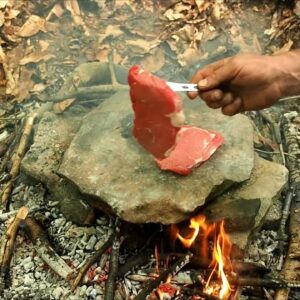 How To Cook on a Rock #campinginthewoods #cavemansteak #campfirecooking