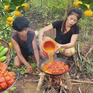 Yummy! Pork salad curry hot spicy chili so delicious food for dinner, Survival cooking