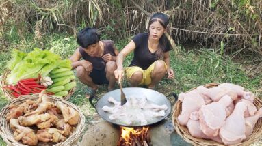 Survival skills: Chicken thigh salad cooking So delicious food, Eating delicious in forest