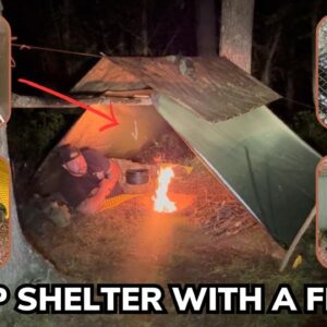 Solo Overnight Building a Group Shelter with a Fire Pit and Grilled SPAM and Cheese