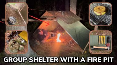 Solo Overnight Building a Group Shelter with a Fire Pit and Grilled SPAM and Cheese