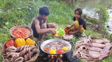 Yummy! Squid salad cooking is tasty food, eating delicious in forest
