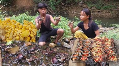 Life in jungle: Catch crabs & pick ripe jackfruit for survival food, Crab hot chili grill for dinner