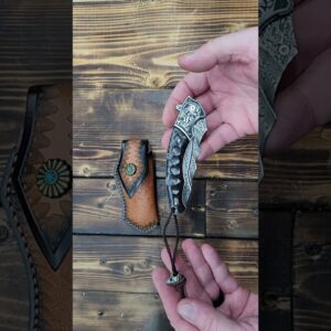 TACTICAL GEARZ Damascus Steel Pocket Knife, Ebony/Steel Handle, Includes Custom Leather Sheath