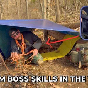 Solo Overnight Level Up Like a Boss and Build a One Arm Emergency Camp in The Woods Part 1