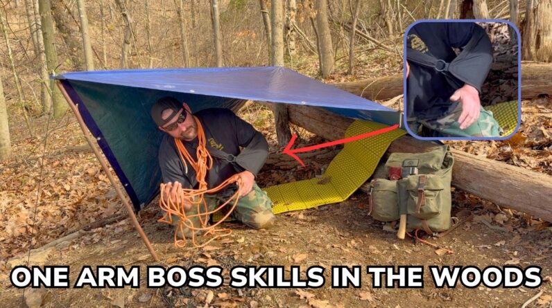 Solo Overnight Level Up Like a Boss and Build a One Arm Emergency Camp in The Woods Part 1