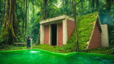 She Built a Beautiful Grass Roof Home Villa with Deep Swimming Pool Deep in the Jungle and Lives Off