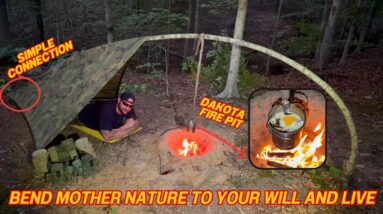 Solo Overnight Building a Bent Sapling Poncho Shelter in The Woods