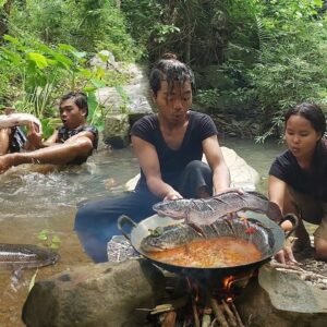 Catch & Cook fish at waterfall, Fish spicy curry for food of survival
