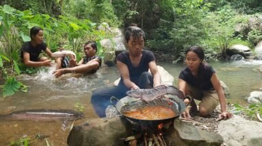 Catch & Cook fish at waterfall, Fish spicy curry for food of survival