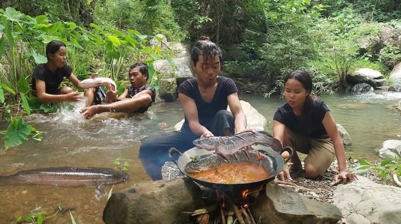 Catch & Cook fish at waterfall, Fish spicy curry for food of survival